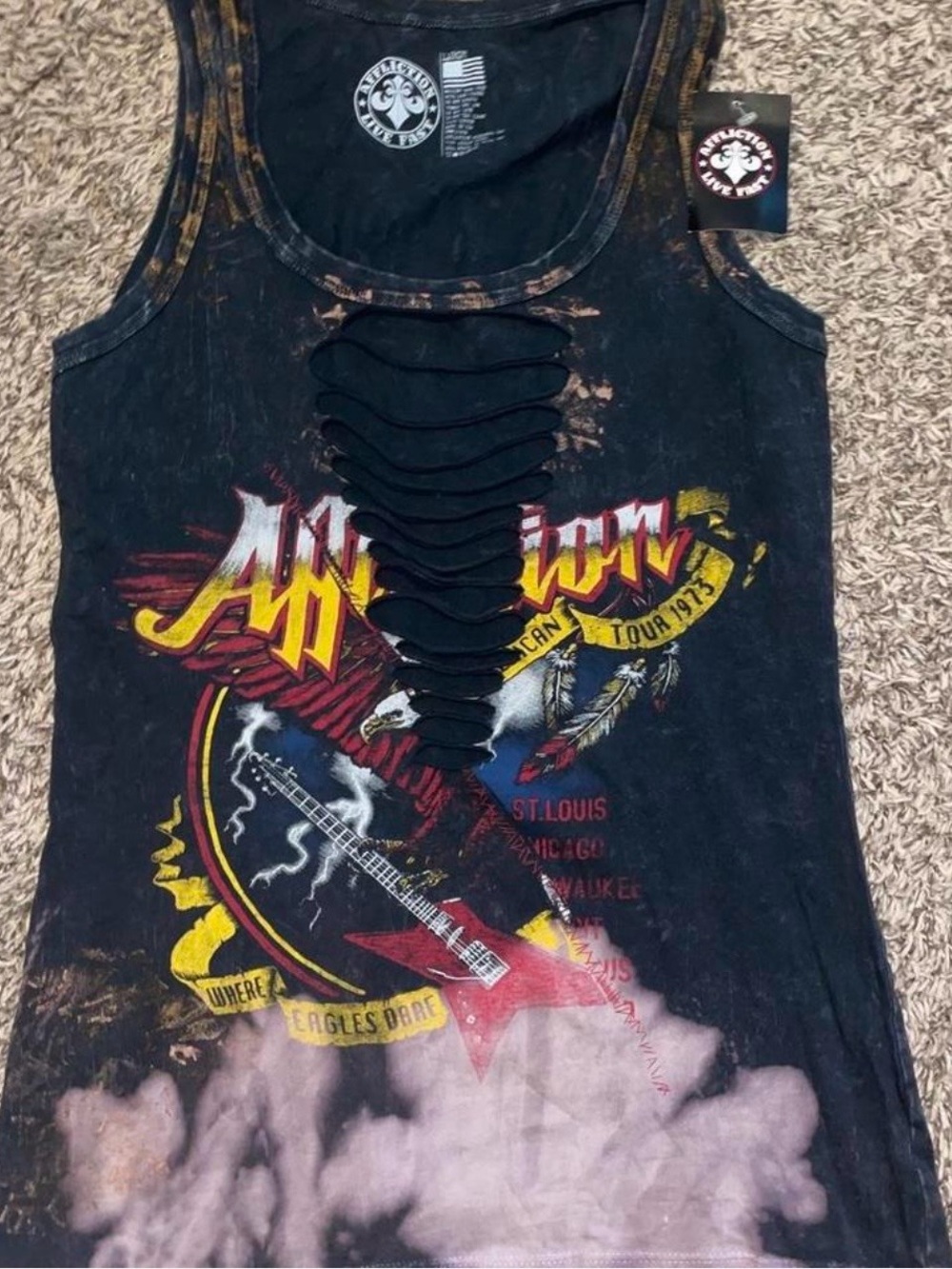 Affliction Black Distressed Graphic Tank with Yellow & Red Accents